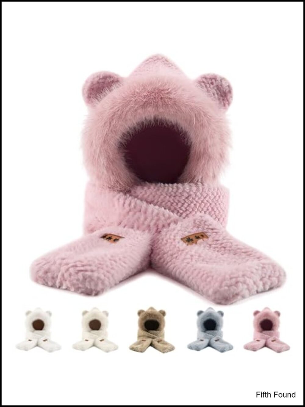 Winter Hooded Scarf Gloves Set Coral Fleece Bear Hat Scarf Mittens Women